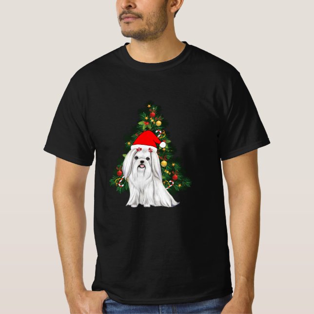 Camiseta Natal Maltês, Xmas Maltês Cachorro com chapéu de P (Frente)