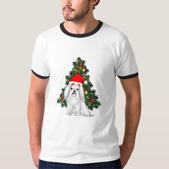 Camiseta Natal Maltês, Xmas Maltês Cachorro com chapéu de P (Frente)