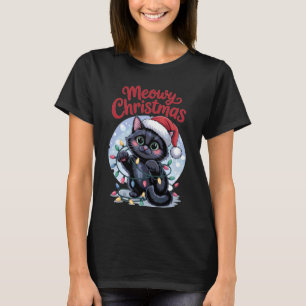 Camiseta Natal Meowy Gato Preto com Chapéu de Papai Noel e