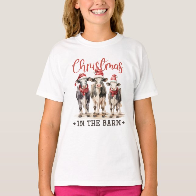 Camiseta Natal nas vacas russas do Barn em Santa Hats (Frente)
