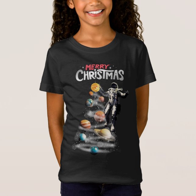 Camiseta Natal no Astronauta do Sistema Solar no Espaço (Frente)