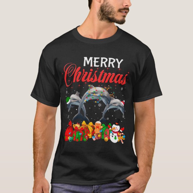 Camiseta Natal Pajama Dolphin Lover Xmas Tree Lights An (Frente)
