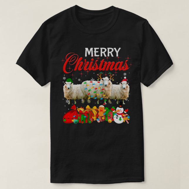 Camiseta Natal Pajama Ovino Sobrevoando Árvore Xmas Anim (Frente do Design)