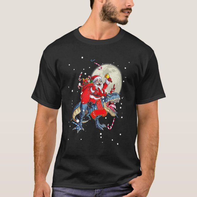 Camiseta Natal Papai Noel Andando Dinossauro Para Garotos (Frente)