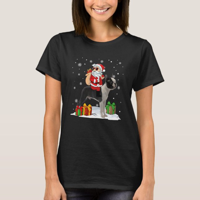Camiseta Natal Papai Noel Andando em Boston Terrier Xmas H (Frente)