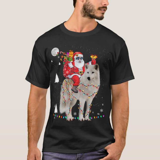 Camiseta Natal Papai Noel Andando Samoyed Lights Xmas H (Frente)