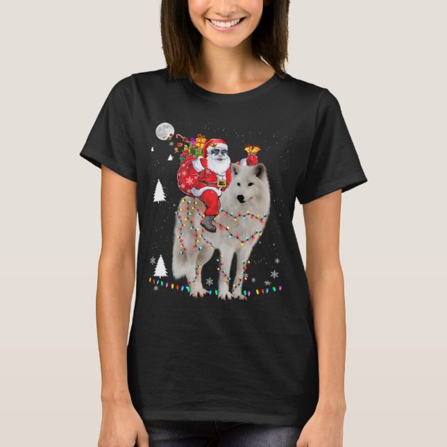 Camiseta Natal Papai Noel Andando Samoyed Lights Xmas H (Frente)