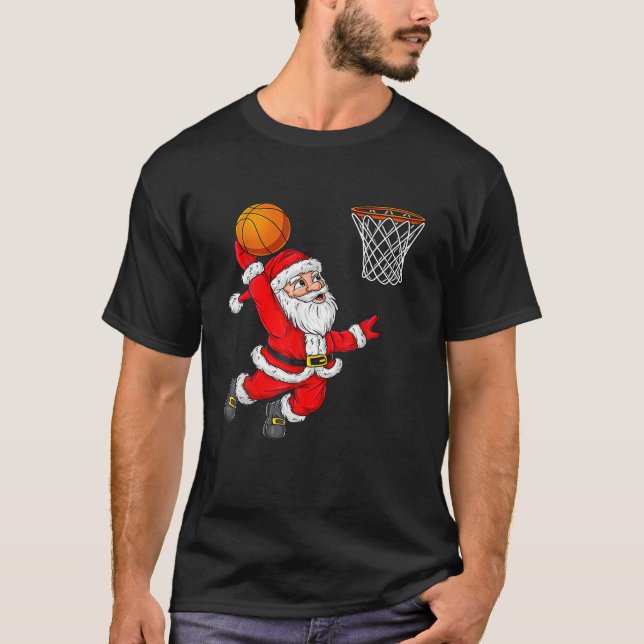 Camiseta Natal Papai Noel Dunquerando Um Basquete Engraçado (Frente)