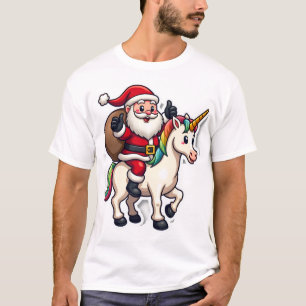 Camiseta Natal Papai Noel Montando Unicórnio - Garotas de N