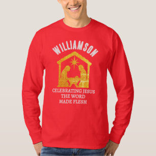 Camiseta Natal Personalizado Cristão Brilho Sagrada Família
