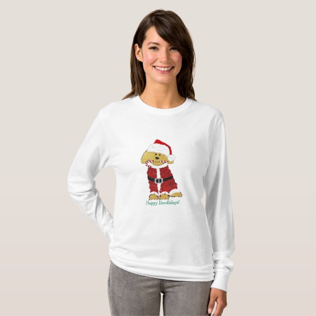 Camiseta Natal personalizado Goldendoodle Papai Noel (Frente Completa)