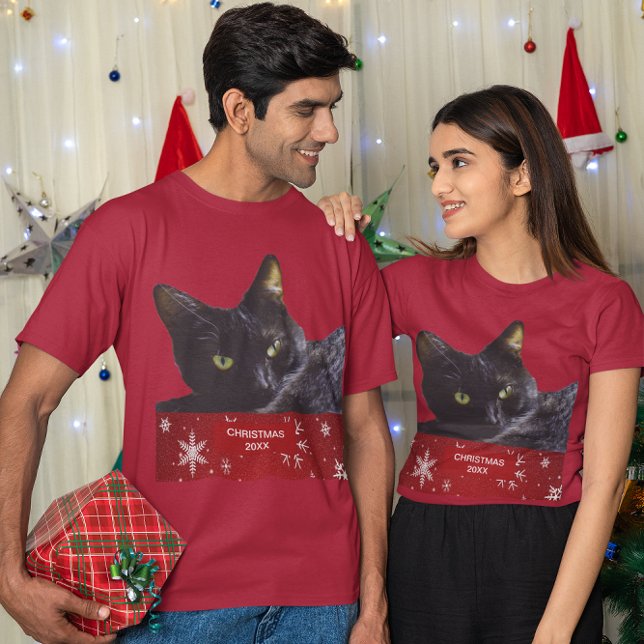 Camiseta Natal preto 20XX Unisex (Black Cat Christmas 20XX Unisex T-Shirt)