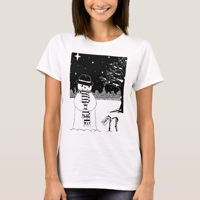 Camiseta Natal preto & branco do boneco de neve bonito da (Frente)