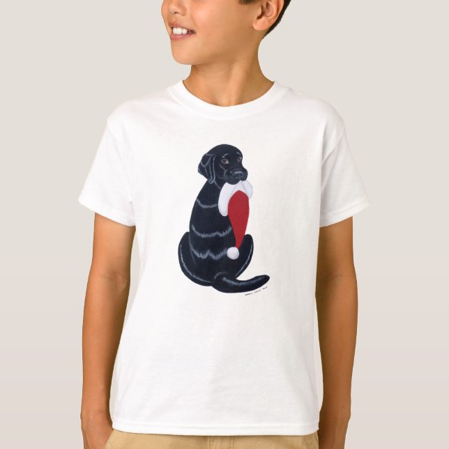 Camiseta Natal preto do floco de neve do chapéu de Labrador (Frente)