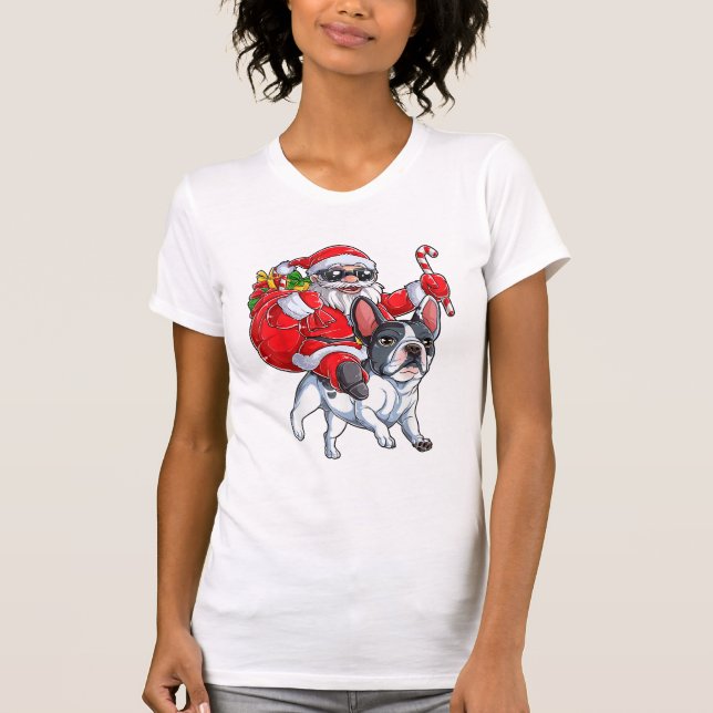 Camiseta Natal Santa Claus Andando Buldogue Francês Xmas B (Frente)