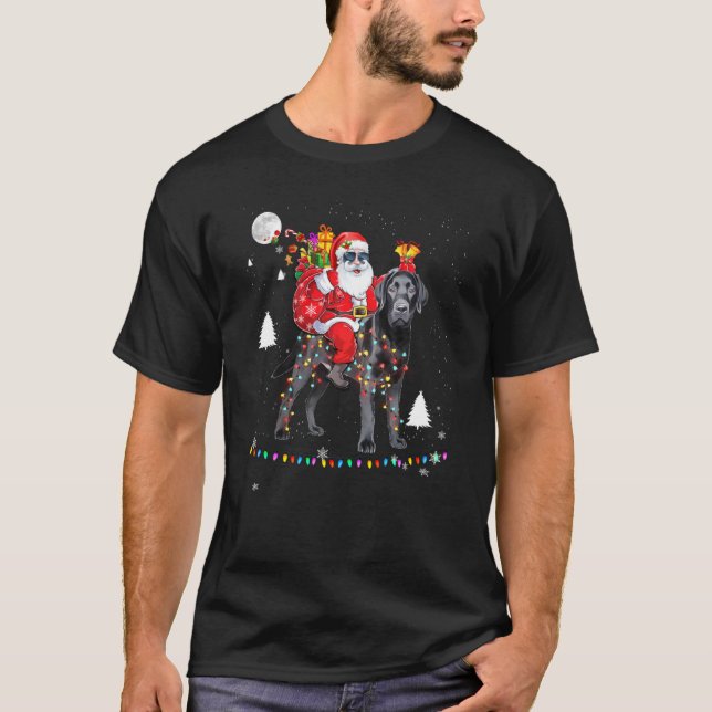 Camiseta Natal Santa Claus Andando em Black Lab Luzes Xmas (Frente)