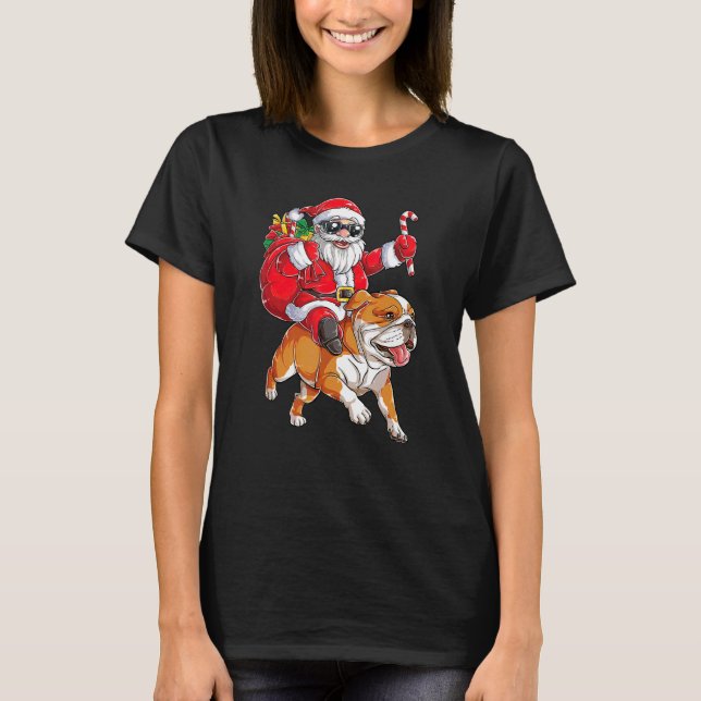 Camiseta Natal Santa Claus Andando em Inglês Feliz do Buldo (Frente)