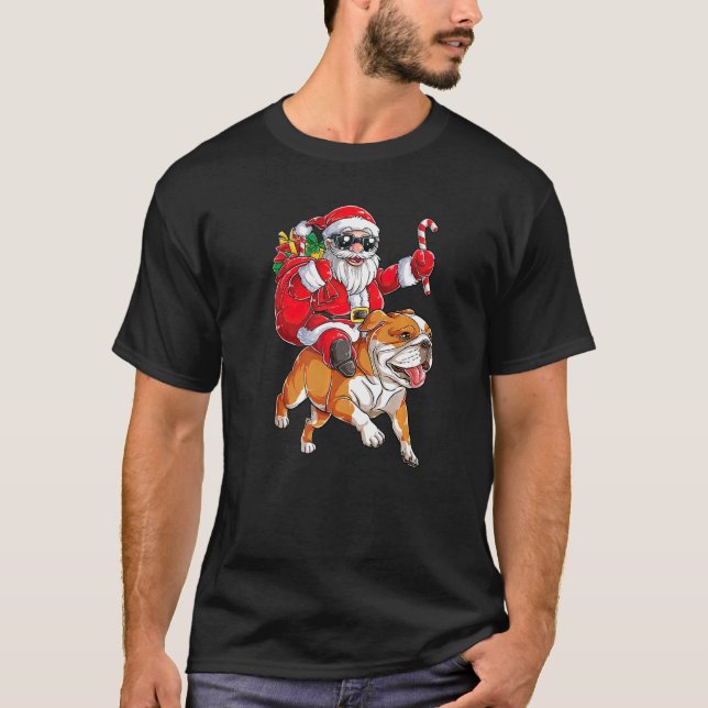 Camiseta Natal Santa Claus Andando em Inglês Feliz do Buldo (Frente)