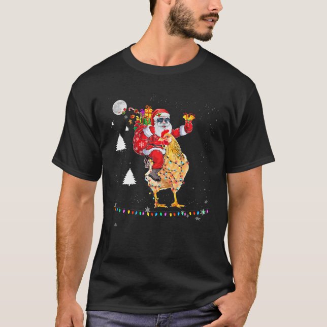 Camiseta Natal Santa Claus Andando Galinha Voando Xmas H (Frente)