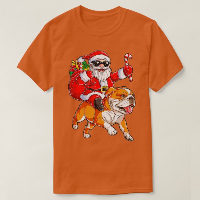 Camiseta Natal Santa Claus Andando Inglês Buldogue Xmas (Frente do Design)