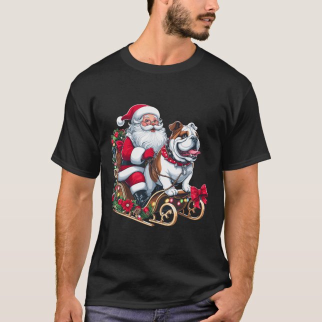 Camiseta Natal Santa Claus Andando Inglês Buldogue Xmas (Frente)