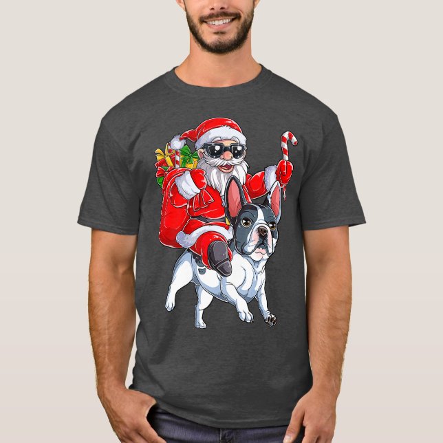 Camiseta Natal Santa Claus Andando no Buldogue Francês Xmas (Frente)