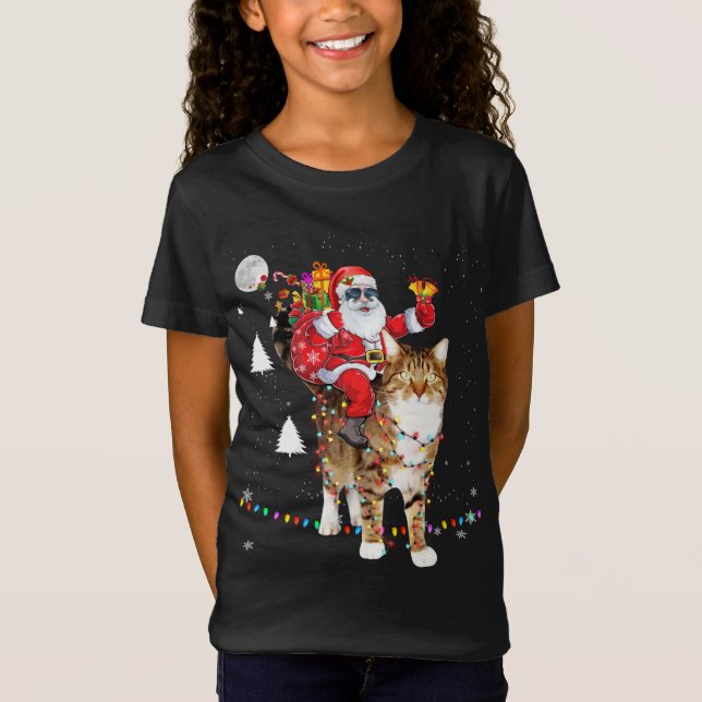 Camiseta Natal Santa Claus Andando Tigre Gato Luzes Xmas (Frente)