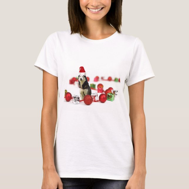 Camiseta Natal Siberiano Husky com caixa de presente de orn (Frente)