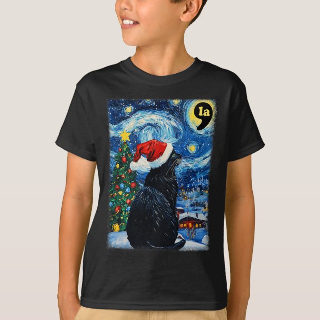 Camiseta Natal Starry Night Black Cat Comma La Kamala H (Frente)