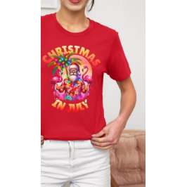 Camiseta Natal tropical em julho Palm Trees & Flamingos