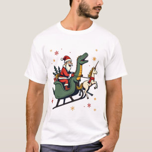 Camiseta Natal Vintage Dinossauro Unicórnio Trenó Divertido