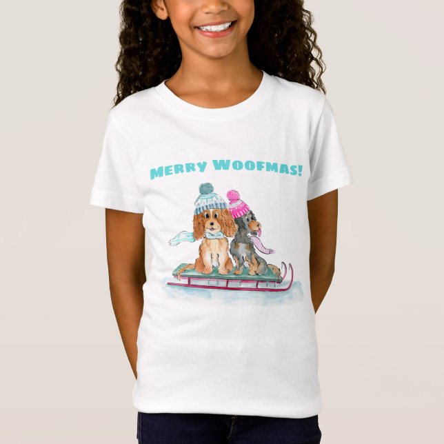 Camiseta Natal Watercolor King Charles Spaniels Sled (Frente)