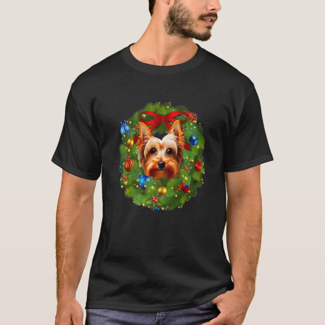 Camiseta Natal Yorkshire Terrier Puppy Dog Wreath Premi (Frente)
