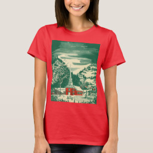Camiseta Natalino Vintage Igreja, Paisagem de Neve no Inver