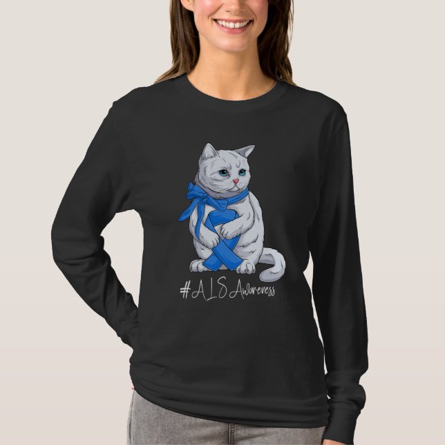 Camiseta National ALS Awareness Month Blue Ribbon Cute Cat (Frente)