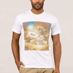Camiseta Natividade de Jesus do bebê com cordeiros e asno