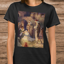 Camiseta Natividade de Natal Antiga, 3 Pastores e Jesus