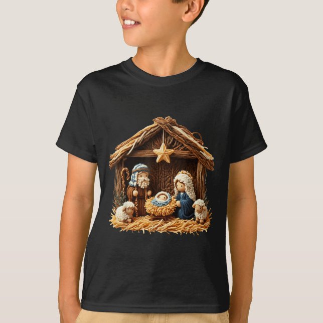 Camiseta Nativity Scene Faux Yarn Crochet Jesus Christmas R (Frente)