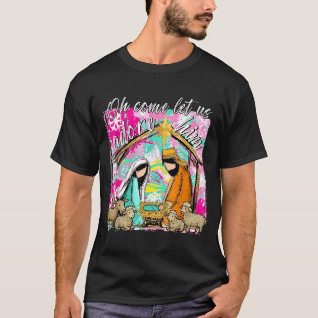 Camiseta Nativity Scene Oh Come Let Us Adore Him Christmas  (Frente)