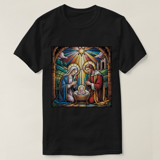 Camiseta Nativity Stained Glass Art – Holy Family Christmas (Frente do Design)