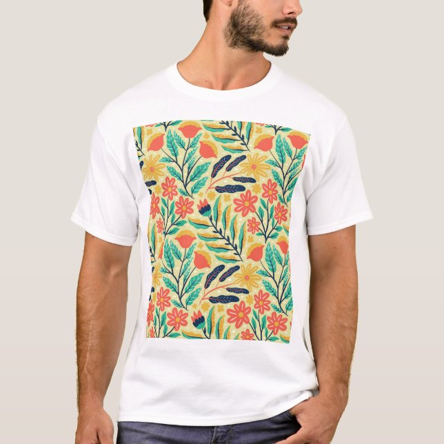 Camiseta Nature Foliage: Padrão Invisível Floral. (Frente)