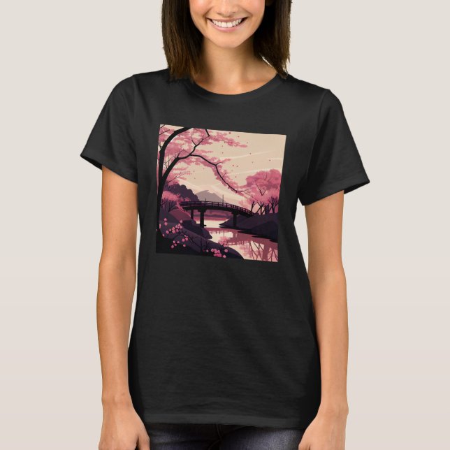Camiseta Nature Inspired Cherry Blossom River and Bridge (Frente)