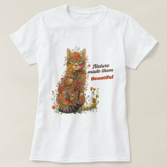Camiseta Nature Made Them Beautiful Floral Cat T-Shirt (Frente do Design)