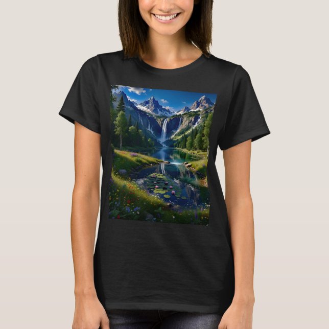 Camiseta Nature Scene Mountains Waterfalls Lake Pond Trees  (Frente)