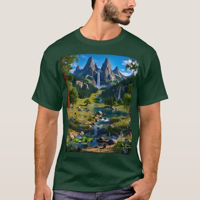 Camiseta Nature Scene Mountains Waterfalls Trees Lake Pond (Frente)
