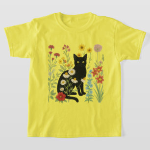 Camiseta Natureza Botânica – Gata Preta no Jardim de Flores