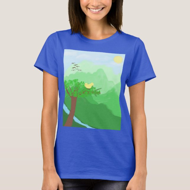 Camiseta Natureza pintada com cores acrílicas arte (Frente)