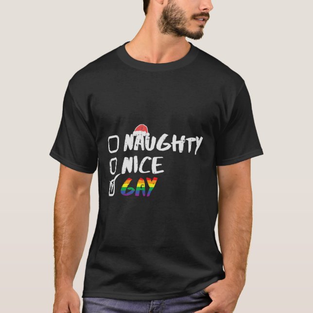 Camiseta Naught Nice Gay Rainbow Funny Orgulho gay Lgbt Chr (Frente)