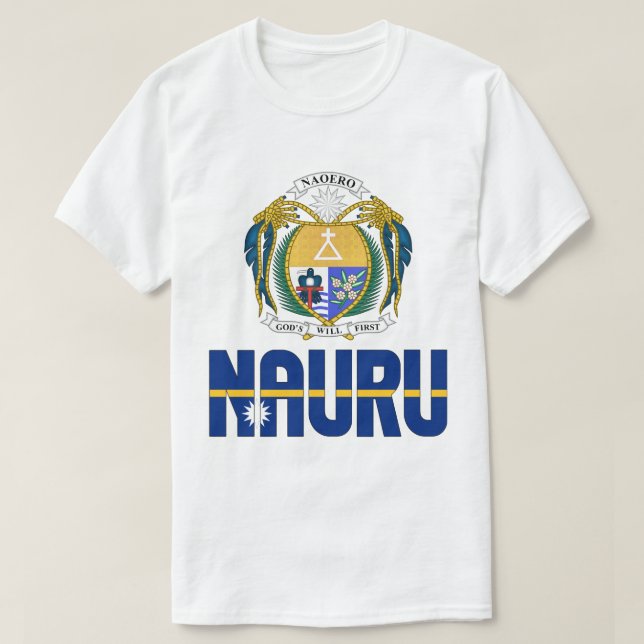 Camiseta Nauru Flag e Casaco de Armas Patriótica (Frente do Design)