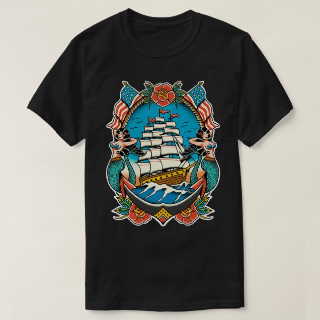 Camiseta Náutica Navio Sereia Ancorada Americana Tradiciona (Frente do Design)